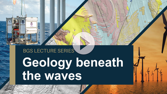 A still from the recording of the lecture, showing the title page of 'geology beneath the waves'