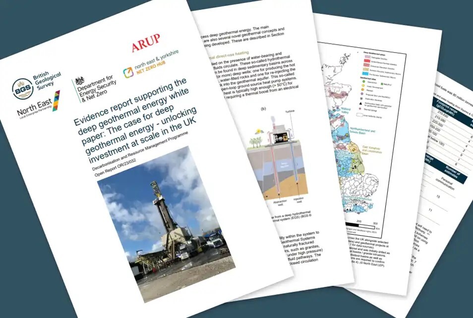 An image of pages of the report, fanned out on a slate green background. 