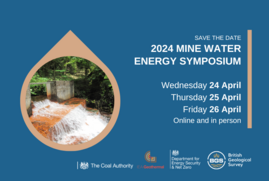 Minewater energy graphic, with logos for each organisation and an image of mine water rushing from a mine opening.