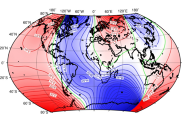 IGRF-13 map of declination angle (in degrees east or west of true north) for 2020.