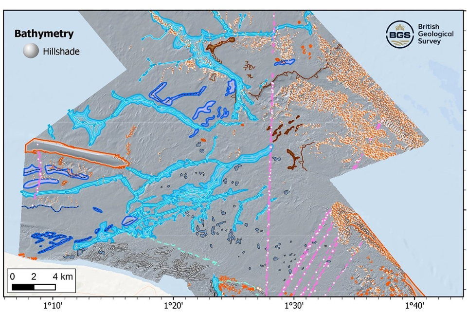 Seabed geomorphology from part of the central area of the Offshore East Anglia seabed map. 