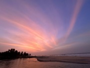 The Atlantic coastline from the hotel in The Gambia. A beautiful sunset is on display. Palm trees can be seen in the background. 