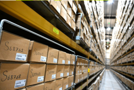 A photo of cores in boxes, stored on racking at the National Geological Repository 
