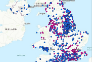 Distribution of sites in the new release. The added sites are in pink, the previously released in blue. 