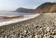 The pebbly beach of Sidmouth. Cliffs are in the background and the sea enters the picture from the right. 