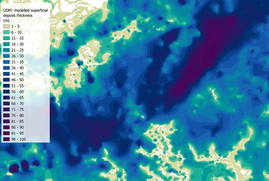Map extract of the BGS SDTM observation driven model showing modelled superficial deposit thickness. The colour changes from lime to dark blue.