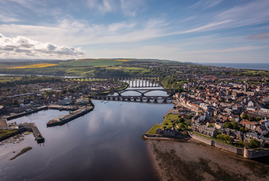 An aerial image of Berwick-upon-Tweed with the river central to the image. 