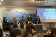 European CO₂ Storage Atlas launch event in Brussels, May 2025, with BGS Ceri Vincent as panellist. BGS © UKRI.