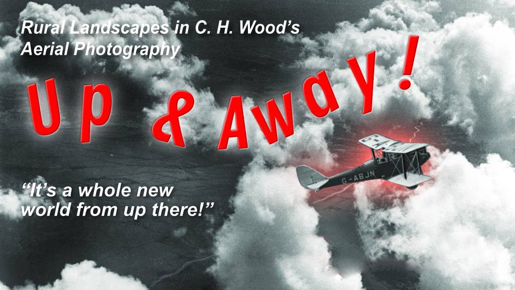a black and white image showing a plane flying against the clouds, with the phrase 'Up and Away' in red text
