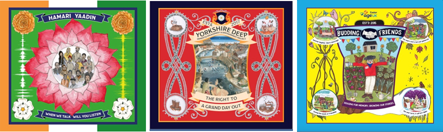 Three of the 16 banners from the The Unfurlings Exhibition