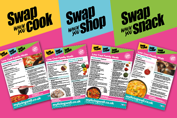 Swap Well to Eat Well picure of recipe cards on a pink background