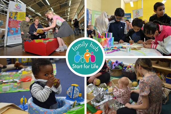 Image showing 4 scenes from the family hubs - children playing , looking at books and doing crafts, with a Family Hubs and Start for Life logo