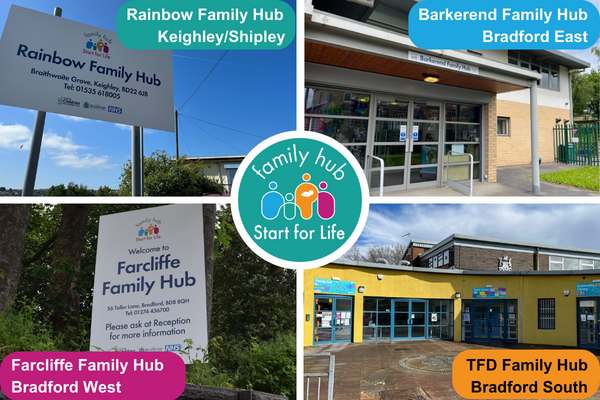 Image showing the outside of four of our main Family Hubs - with a Family Hubs and Start for Life logo