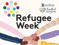 Refugee Week 2023 - image with many hands clasped together in solidarity and friendship 