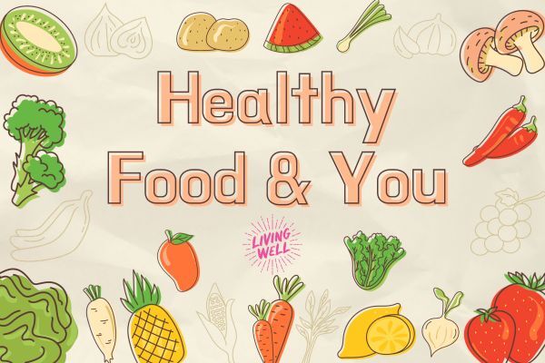 Illustrations of vegetables with words in pink letters - healthy Food and You