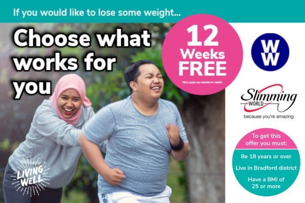 Image of laughing man and woman with text - Choose what works for you, get 12 weeks free. Logos for weight watchers and slimming world 