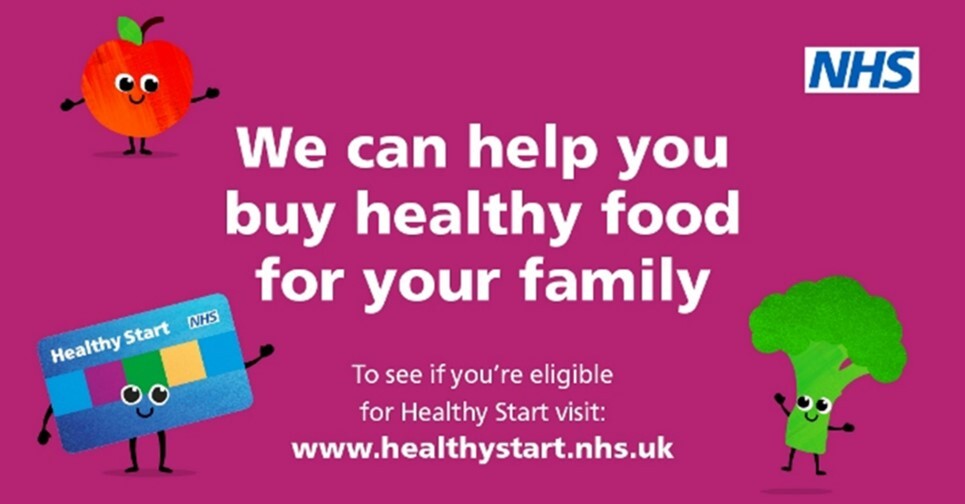 Illustration of vegetables with text: Healthy Start can help you buy healthy food for your family