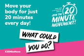 20 minute movement graphic showing clock with 20 mins on face
