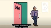 Screenshot of animation, man walking through a door