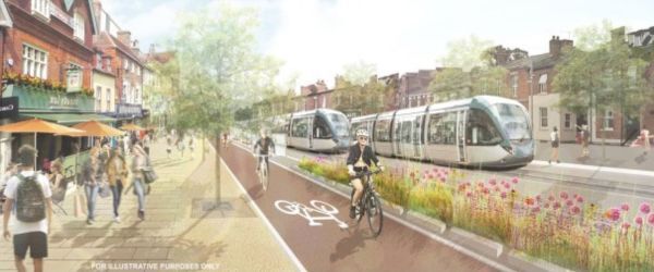 Artist impression of a tram in the middle of a community setting