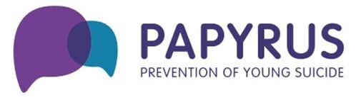 PAPYRUS Prevention of Young Suicide logo text in purple with interlinked speech bubbles in purple and blue 