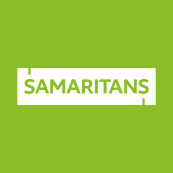 Green square with a white oblong in the centre the word Samaritans in the same green as the background