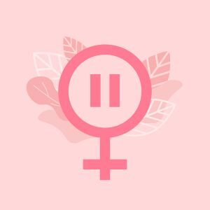 Pink background with symbol for women (circle with cross attached underneath) and flowers/leaves in the background