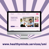 Illustration of a computer screen showing the healthy Minds website with purple background