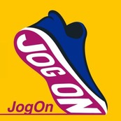 JogOn campaign logo showing a trainer in a running position with the words Jog On in purple on a yellow background