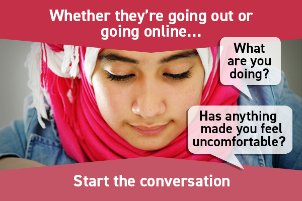 Image of a young girl with text: whether they're going out or online, start the conversation