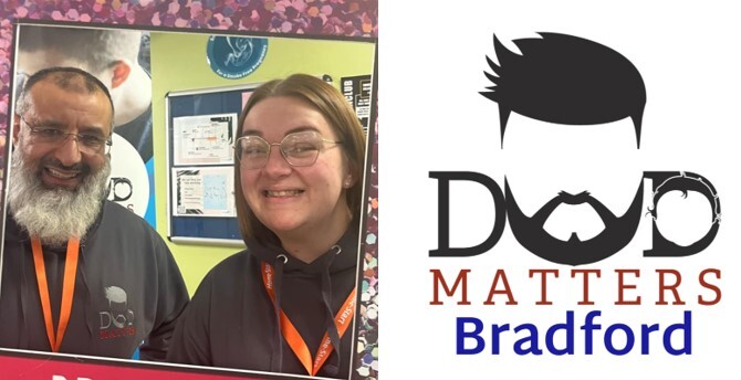 Photo of two dads matter co-ordinaters Mohammed and Louise with the dads matter logo