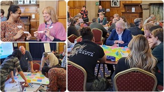 People chatting and doing workshop activities