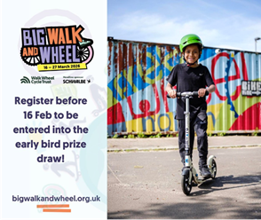 Poster for Big Walk and Wheel including photo of child on a bike