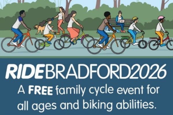 graphic-based image of 6 cyclists including children and adults in a park riding past a dog walker and a lady on a bench working on her laptop