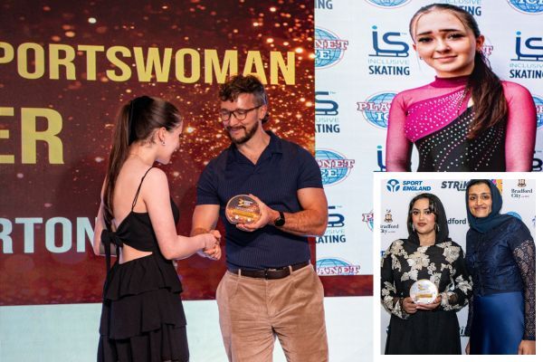 three female award winners collecting trophies