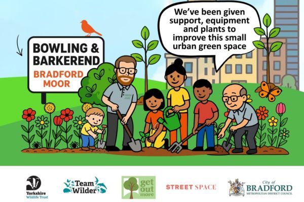 cartoon image of 6 people - children and adults - digging an urban garden
