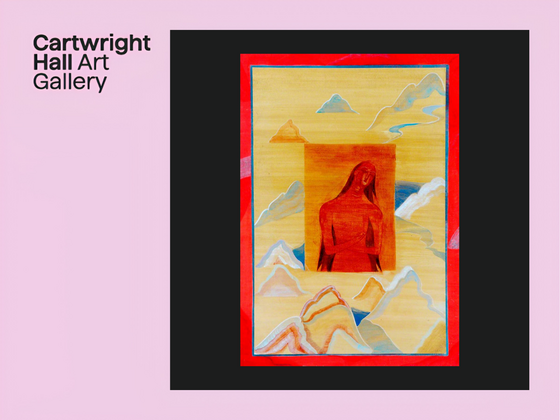 Stylised red figure framed in blue and red against a pastel mountain landscape with Cartwright Hall Art Gallery text.
