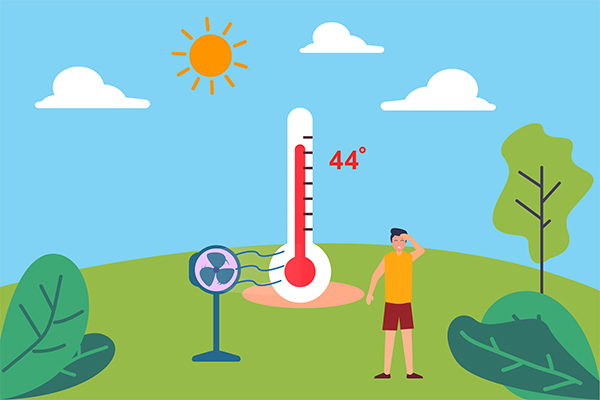 Illustration of a sunny day in the countryside with a thermometer showing a high temperature