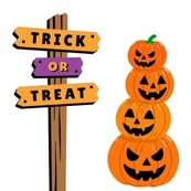 Illustration of a sign saying trick or treat and a pile of pumpkins