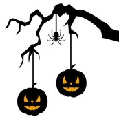 Illustration of a tree with two spiders hanging down and a pumpkin