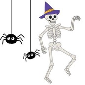 Illustration of two spiders hanging down from threads and a dancing skeleton