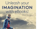 Child dressed as a superhero with the caption Unleash your imagination with e-books!