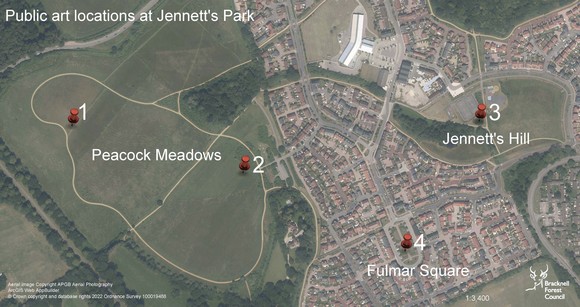 Public art locations at Jennett's Park aerial map