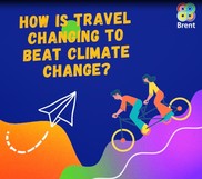 A cartoon picture of two people riding down a hill on bikes with the text 'How is travel changing to beat climate change?'