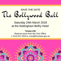 poster with bollywood patterns showing the details of the bollywood ball as described in the article
