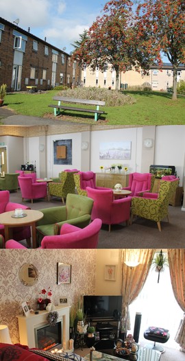 Pictures of the lounge, a flat and grounds at the Spinney