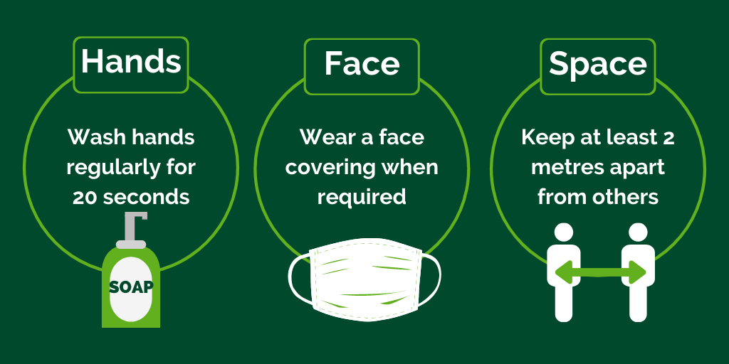 Wash your hands regularly, wear a face covering when required and keep at least 2 metres apart from others