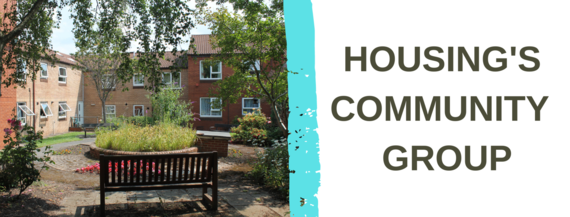 Housing's community group with image of courtyard at southfields court