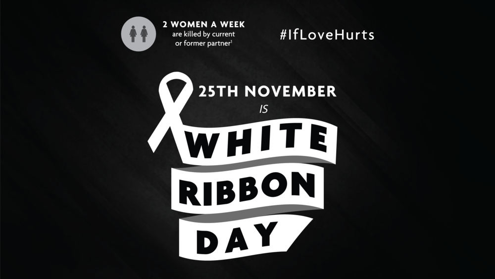 White Ribbon day image - black background with swirling white ribbon