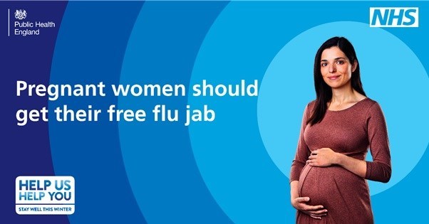 Pregnant woman with the text: pregnant women should get their free flu jab